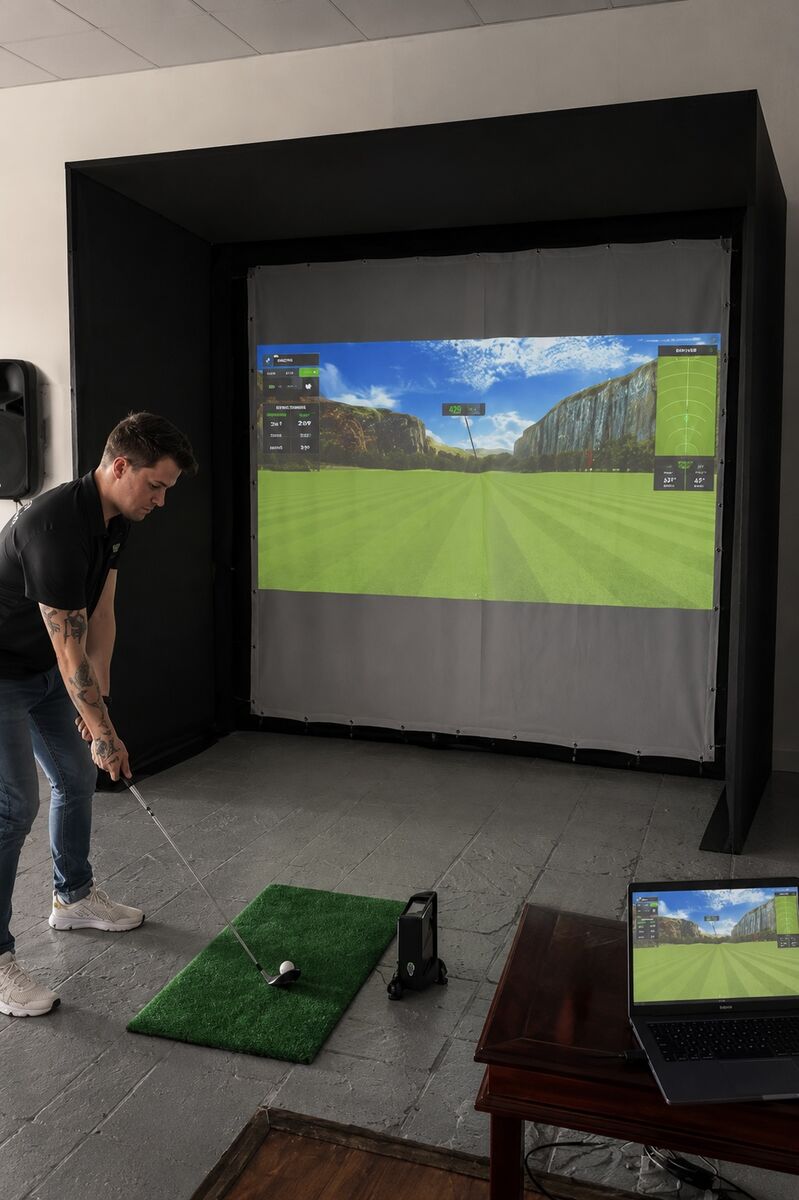 Real-ball golf simulator with SkyTrak launch monitor set up for mobile golf simulator hire in Pretoria